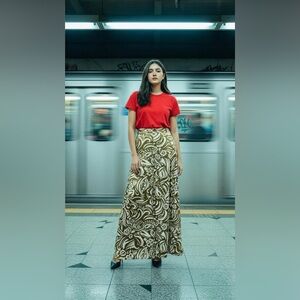 Calista Green/Ivory Satin Print Wide Leg Pants Size Large.